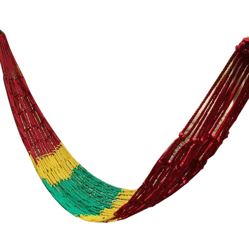 Outdoor nylon rope mesh hammock hanging between trees showing mesh construction and tying ropes
