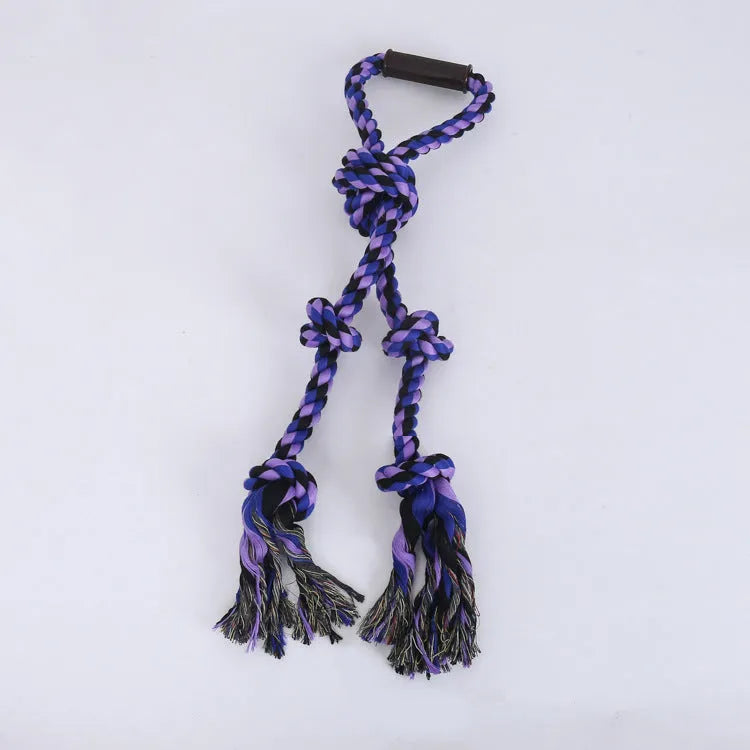 Blue and yellow cotton rope tug toy for large breed dogs with humanised handle
