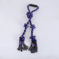 Blue and yellow cotton rope tug toy for large breed dogs with humanised handle