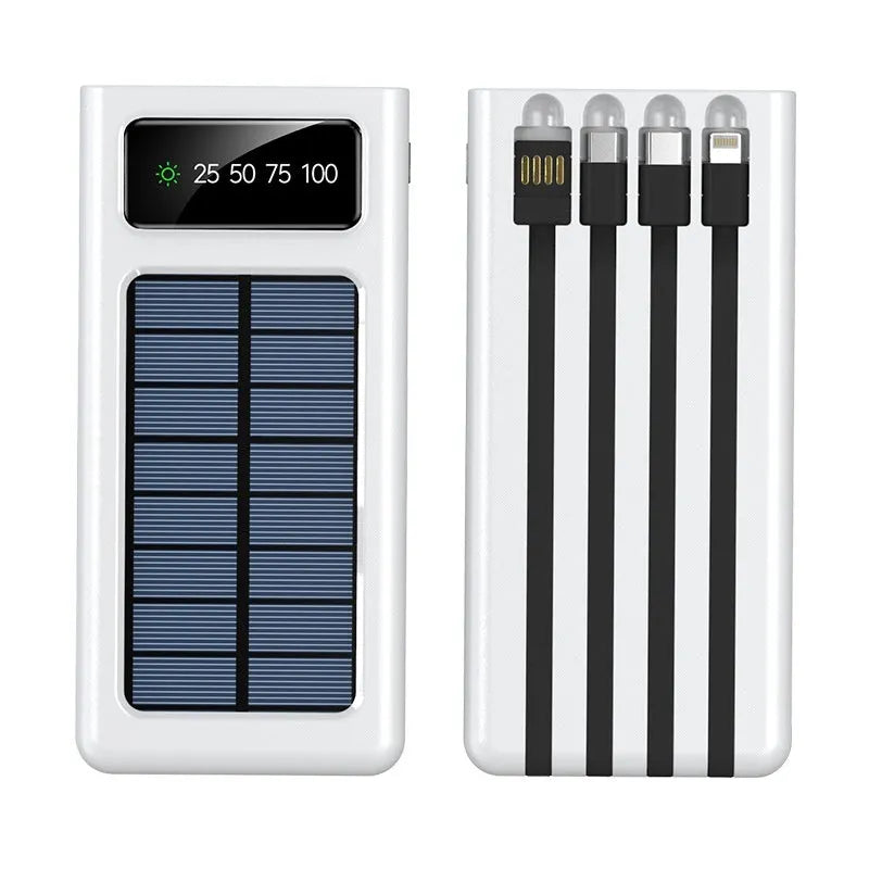 Black and white solar power bank with built-in cable showing 20000mAh capacity and dimensions.