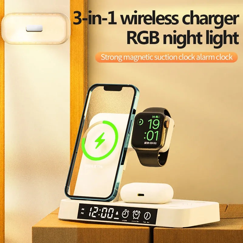 White 4-in-1 wireless charging station with foldable design showing phone charging, alarm clock display, and RGB night light