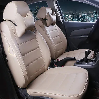 Universal fit leather car seat cover in binding style, shown in beige, black with red line, and black with red colour options.