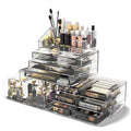 Three-layer acrylic cosmetics storage box in transparent colour showing stacked compartments