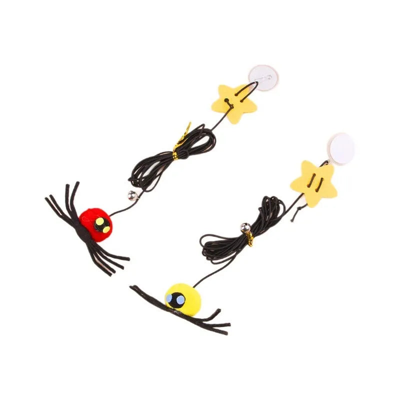 Red and yellow cat hanging door toy with elastic rope, feather stick, bell, and spider attachment.