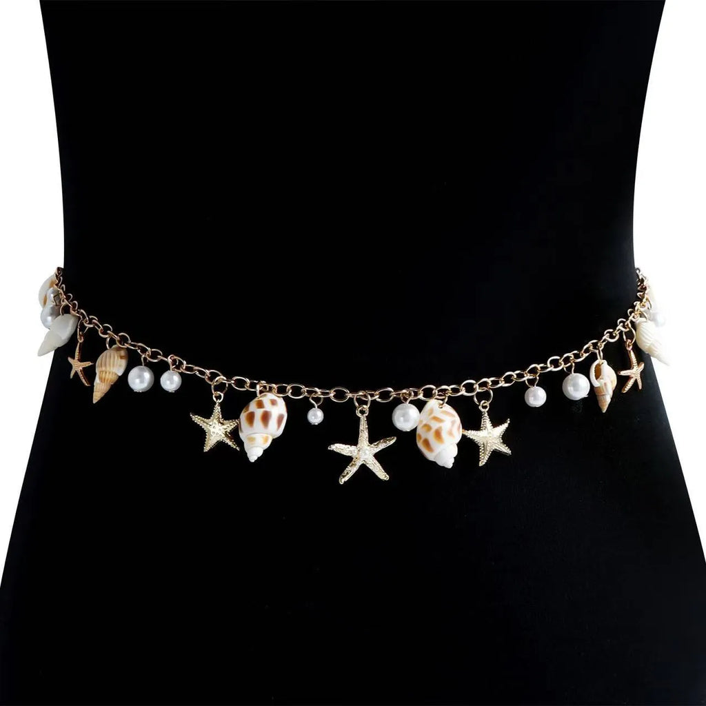 Women's waist chain and matching bracelet set with star-shaped alloy detailing on white background