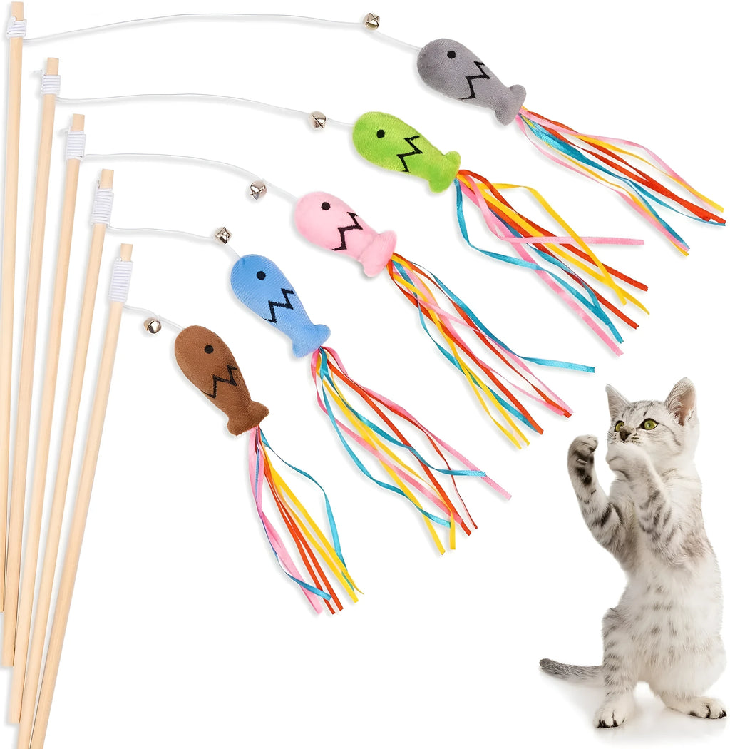 Cat wand toy with wooden handle, colourful ribbons, catnip fish, and bell for interactive play