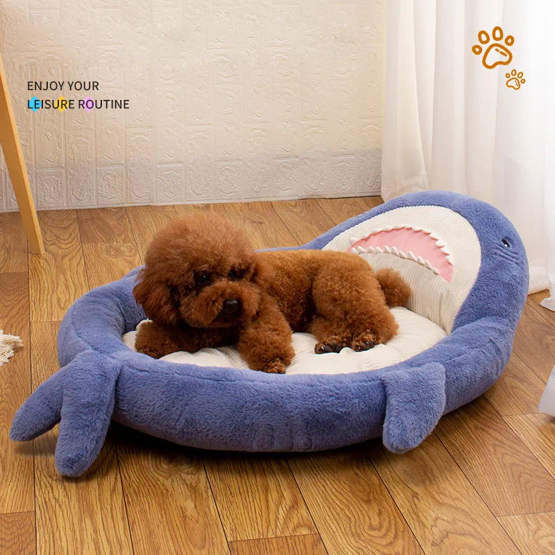 Shark pattern pet bed cushion in blue or grey with non-slip base and velvet fabric