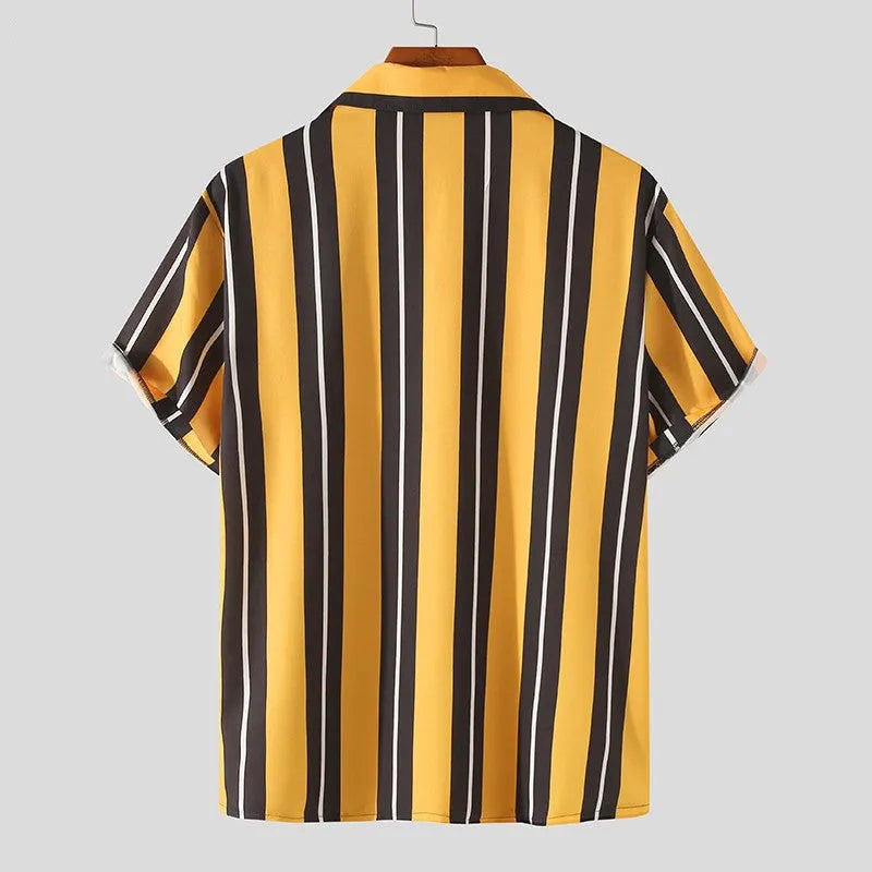 Men's soft cotton loose fit short sleeve casual shirt in yellow for summer streetwear