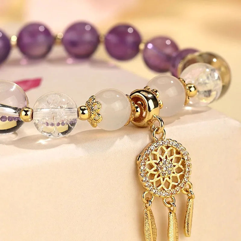 Korean style tassel bracelet with gemstone beads in seven colour options featuring electroplating finish