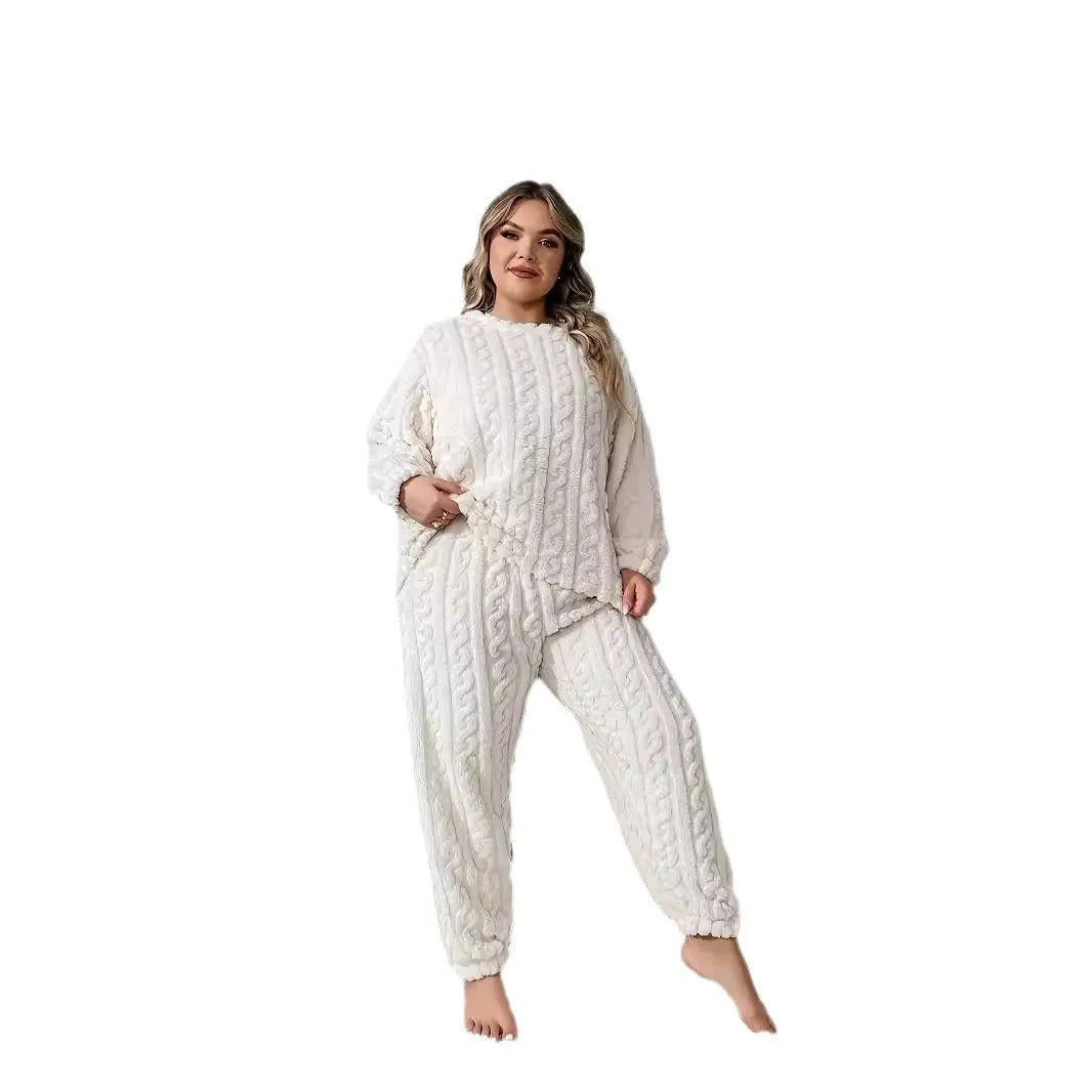 Women's milk white plush two-piece casual set with crew neck top and trousers
