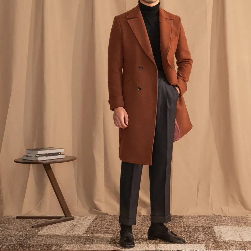 Caramel double-breasted mid-length wool overcoat with suit collar, 60% wool blend, sizes M to 3XL
