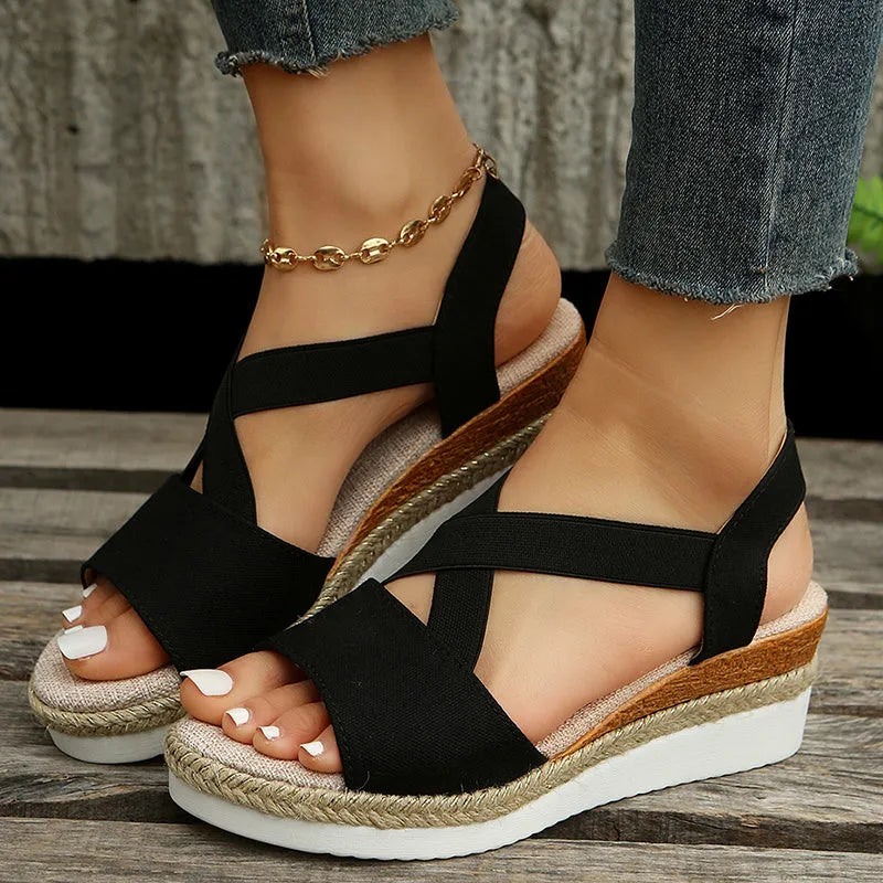 Women's cross-strap wedge platform sandals with hemp heel in beige with cloth upper and rubber sole