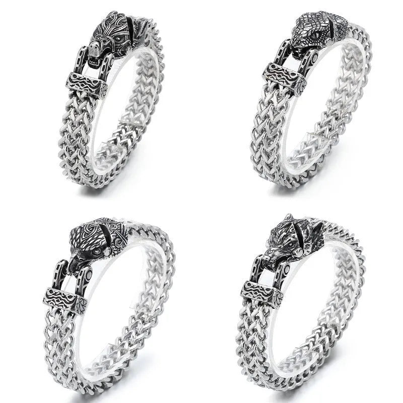 Reversible chain bracelet for men with wolf head and snake head in titanium steel, 20cm 22cm 24cm