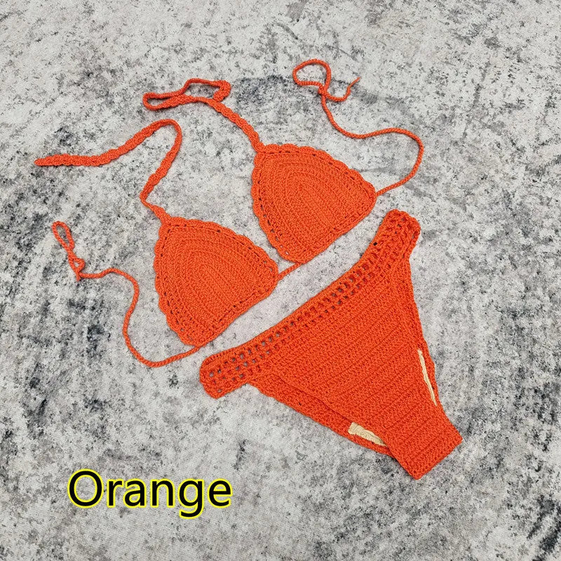 Women's handmade crochet three-piece bikini and beach skirt swimsuit set