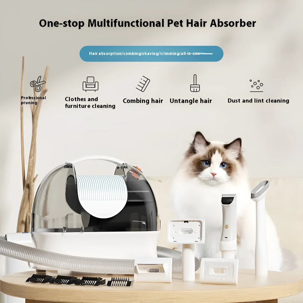 Pink white pet hair vacuum cleaner with grooming accessories including electric shear and combs