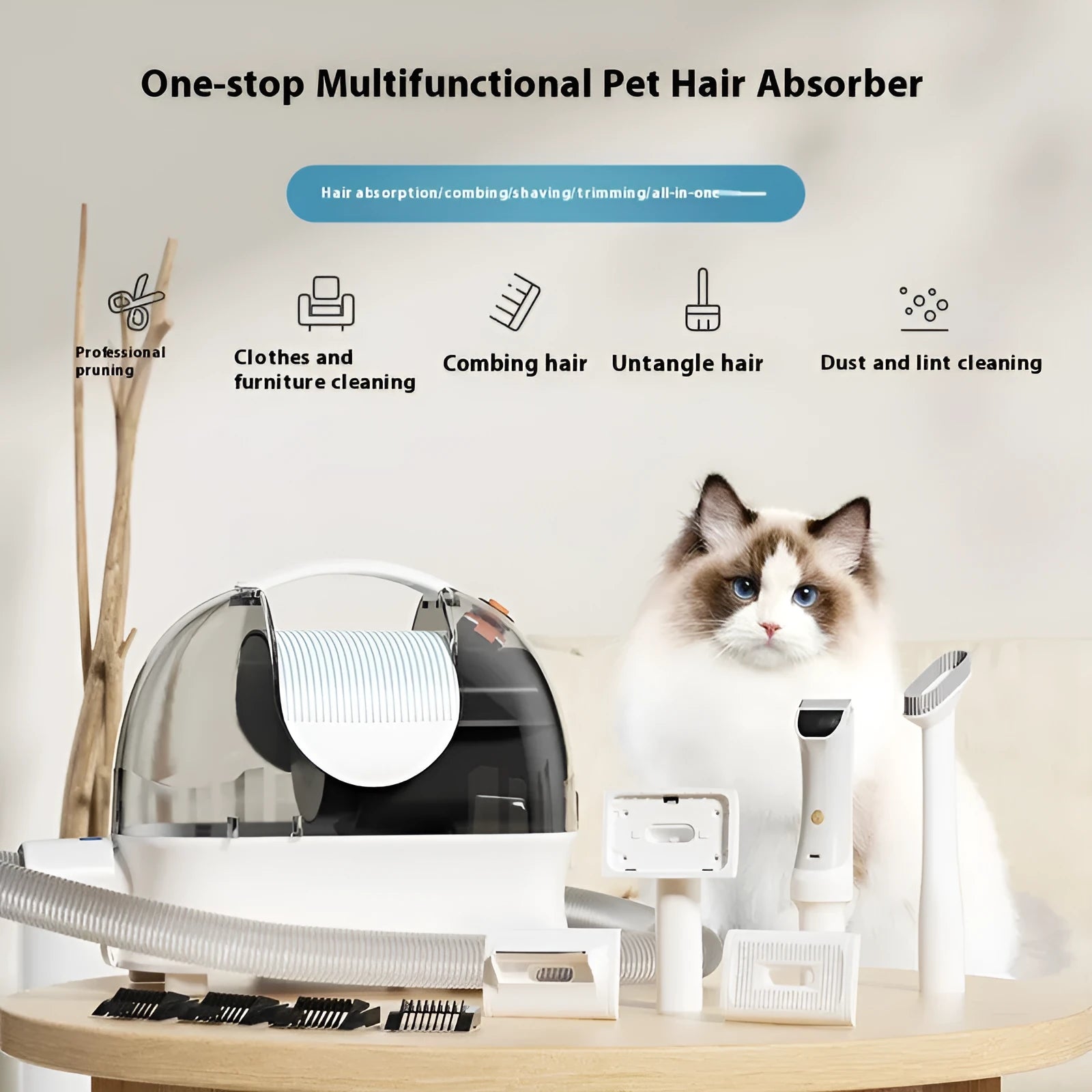 Pink white pet hair vacuum cleaner with grooming accessories including electric shear and combs