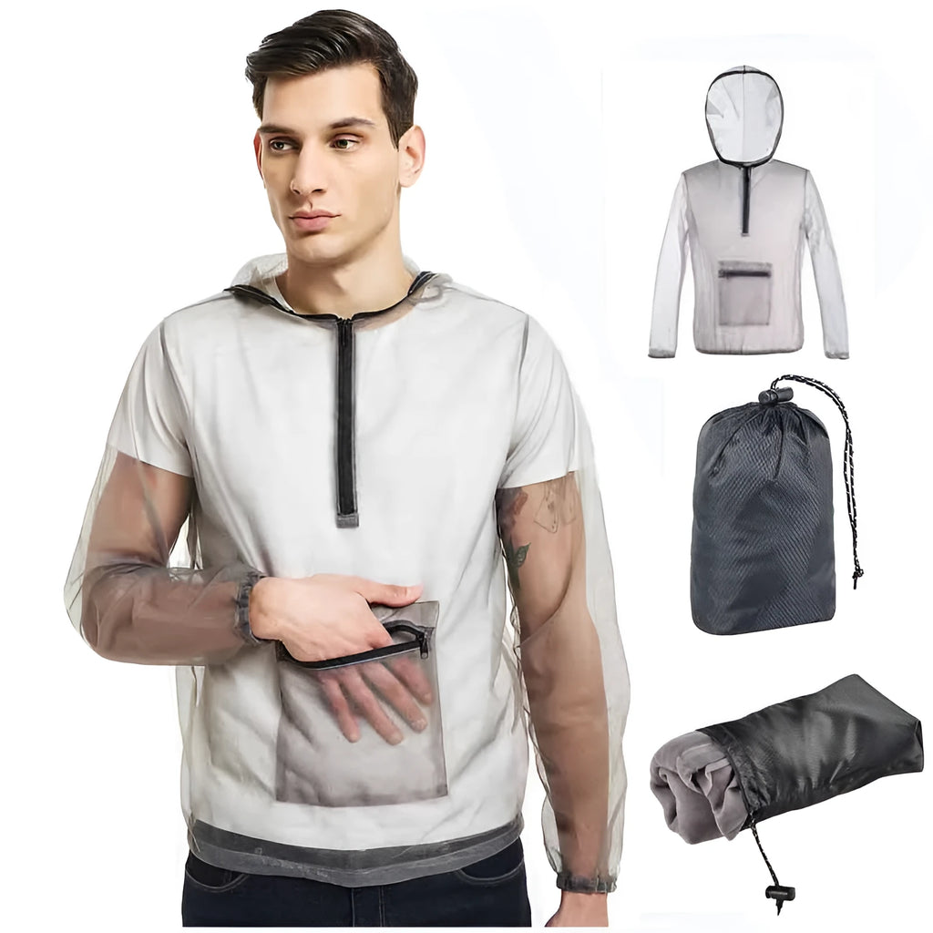 Gray mesh insect bite jacket for camping, fishing and hiking, available in sizes XL, XXL and XXXL