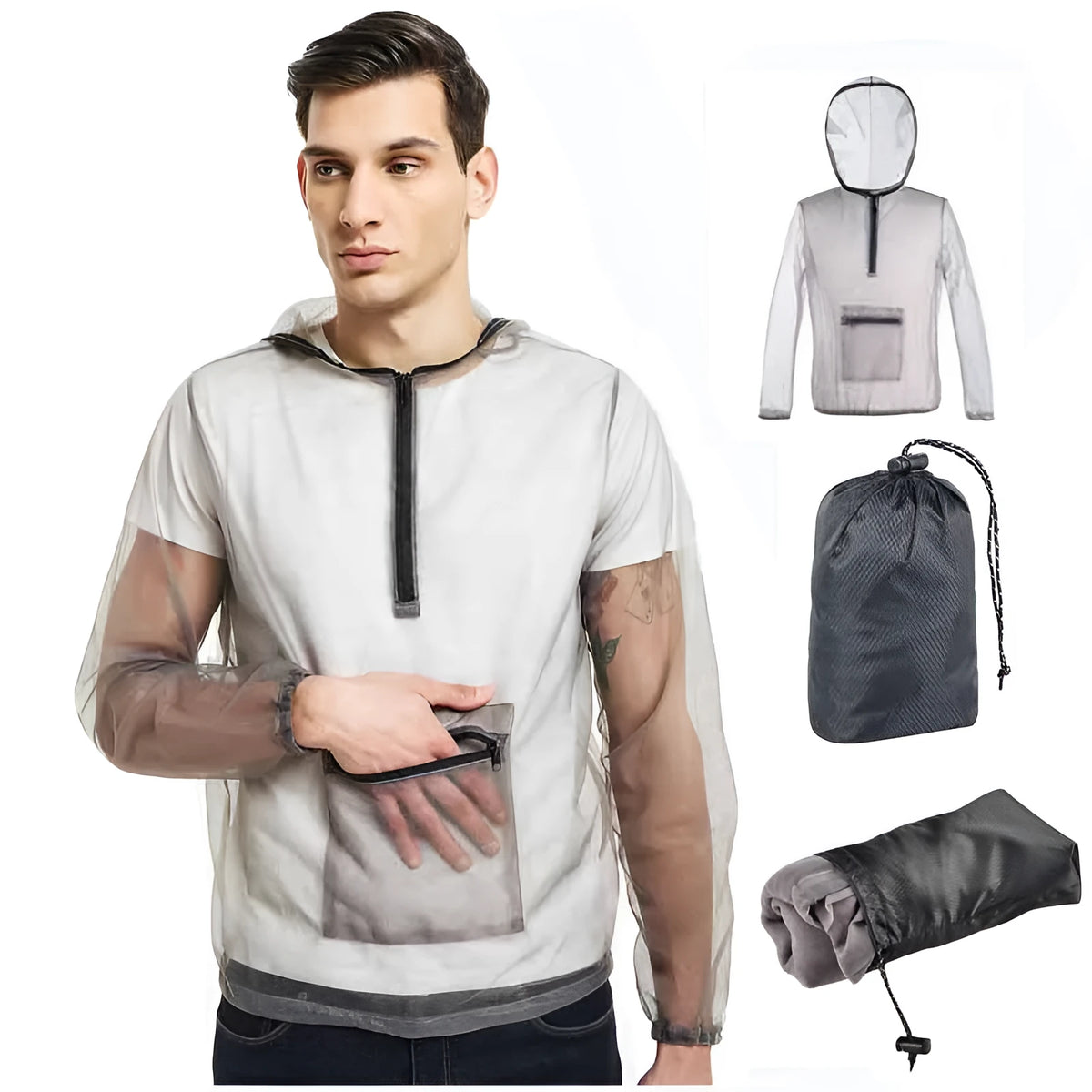Gray mesh insect bite jacket for camping, fishing and hiking, available in sizes XL, XXL and XXXL