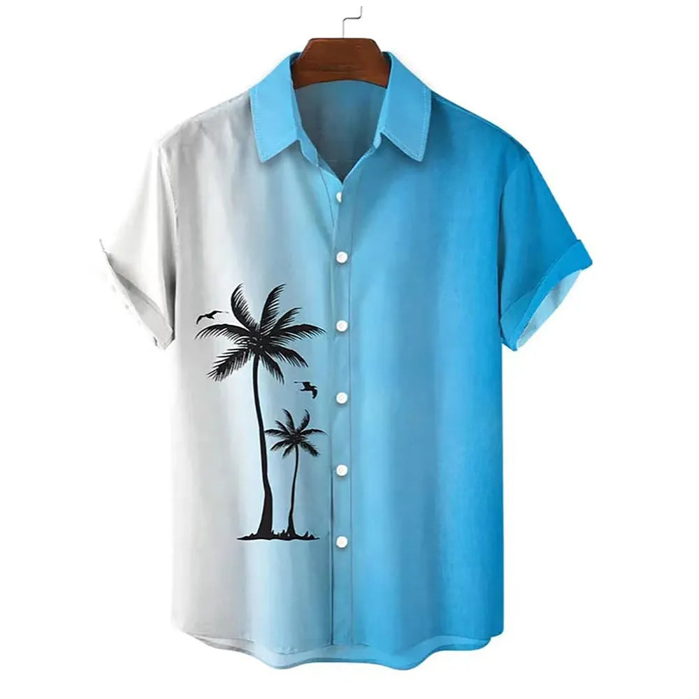 Man wearing a short-sleeved Hawaiian shirt with a colourful 3D printed pattern, suitable for casual summer wear.
