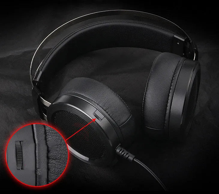 Black wired computer gaming headset with 3.5mm plug and 2-metre cable