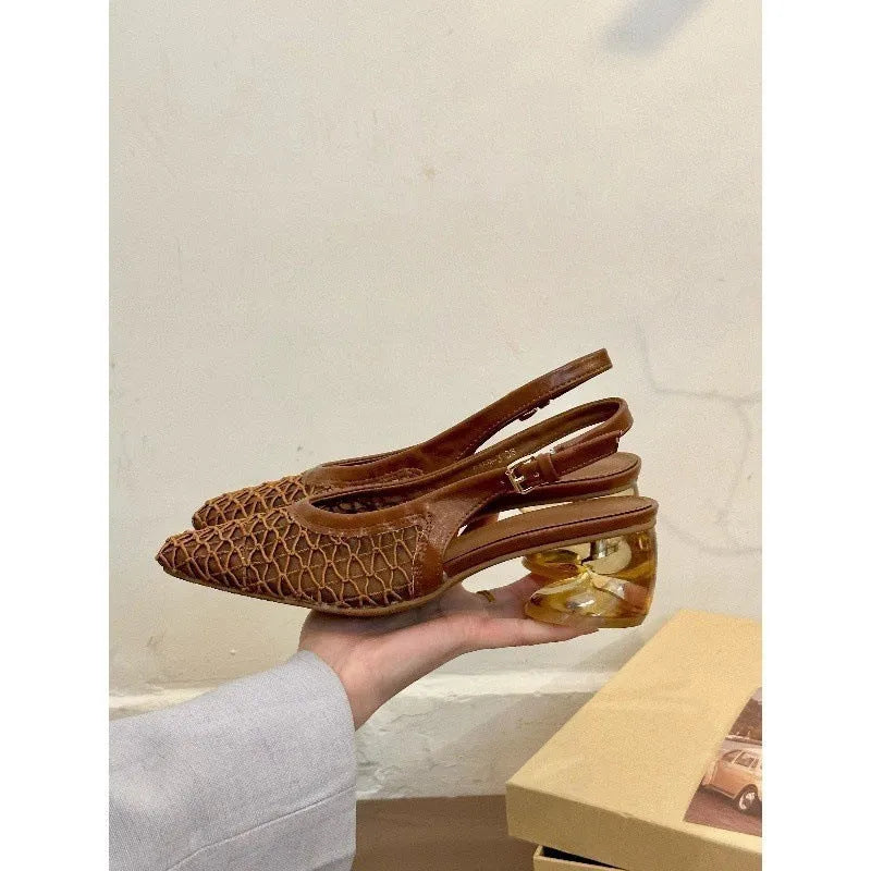 Women's apricot square toe slingback sandals with a woven textile panel on the toe.