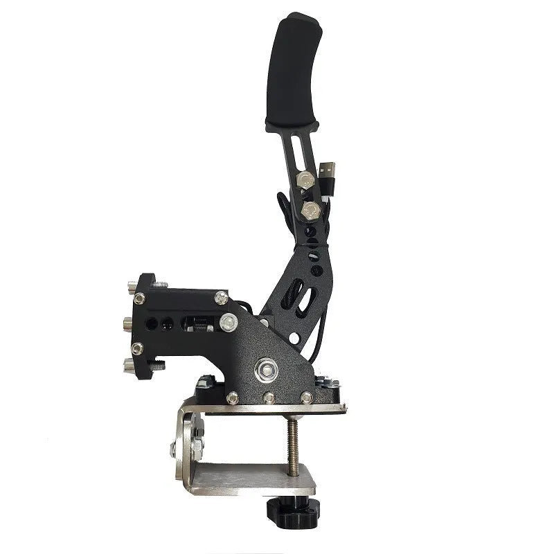 USB PC sim racing handbrake with linear lever and adjustable mounting clamp in multiple colours.