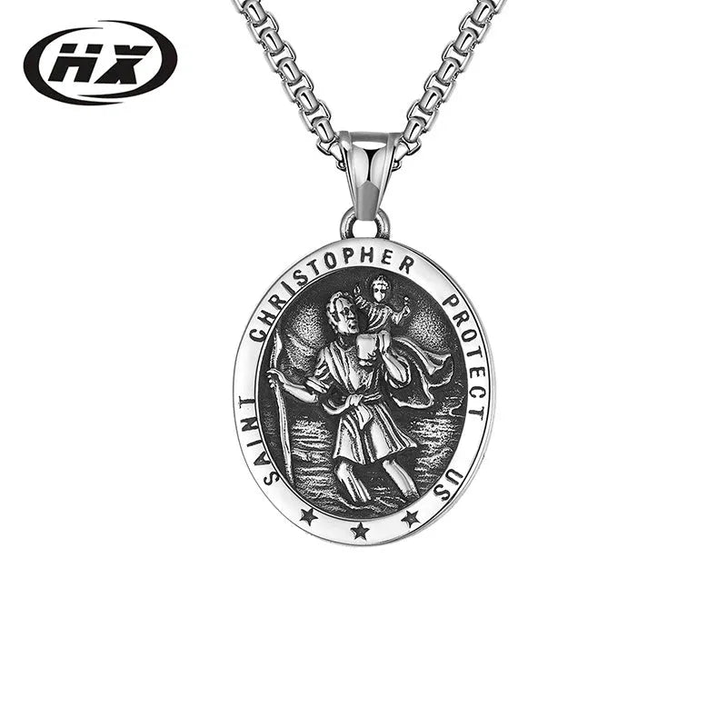 St Christopher titanium steel pendant necklace with 60cm steel colour chain, geometric unisex design