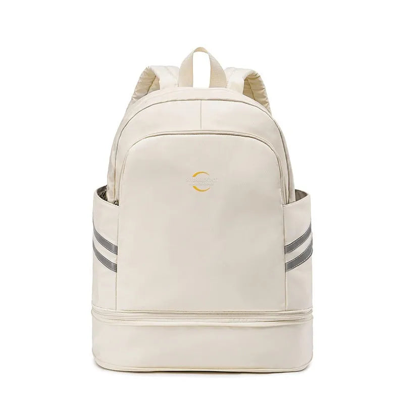 Large women's backpack in beige with dry-wet separation compartments and curved shoulder straps