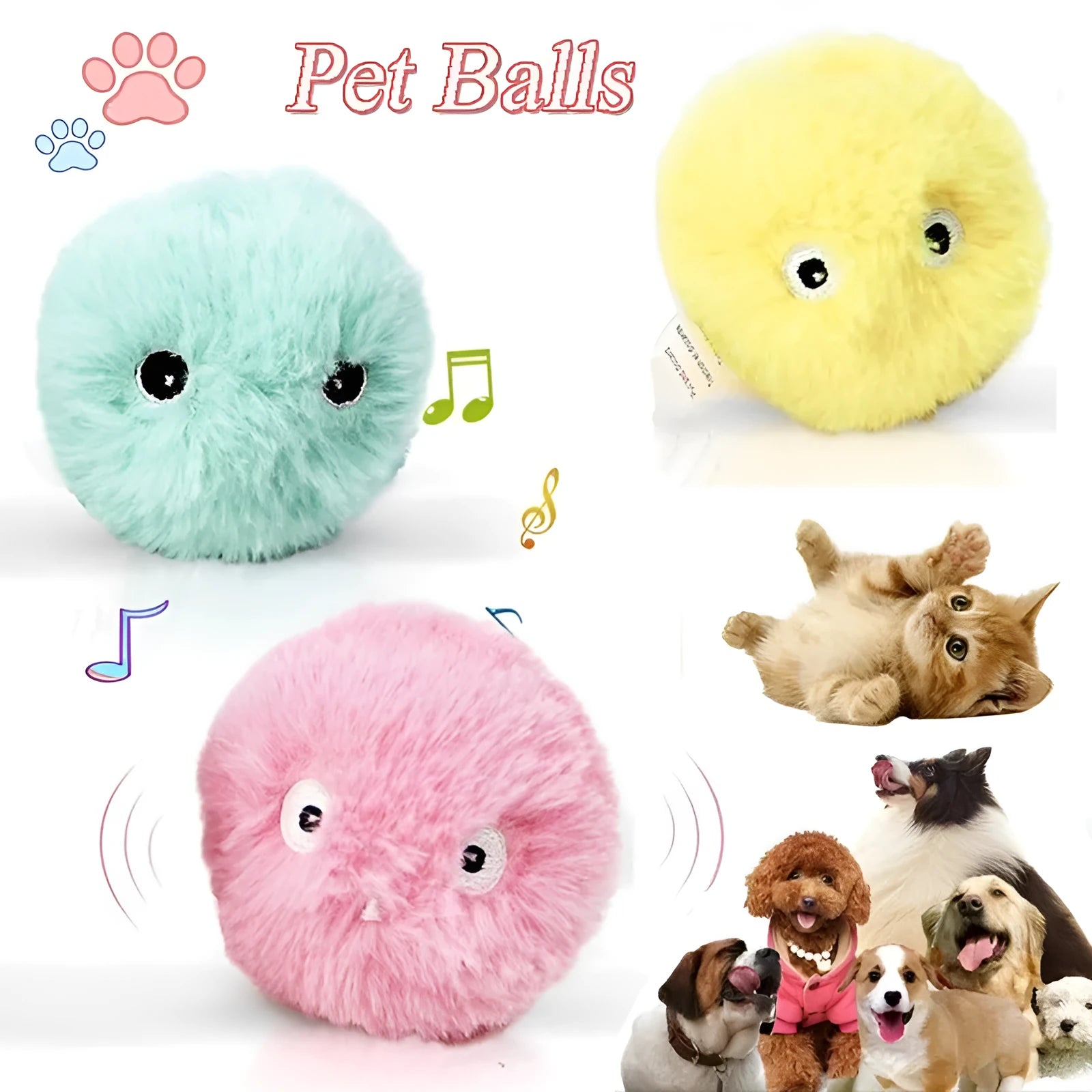 Blue, pink, and yellow interactive cat toy ball with gravity sensor for animal sounds