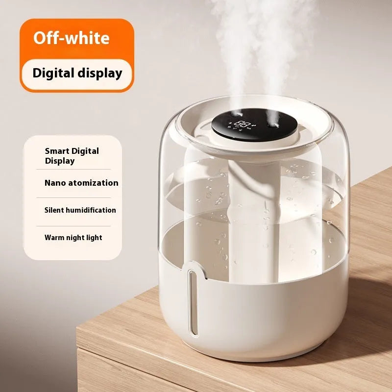 Beige round USB humidifier with dual spray fog, humidity display and night light