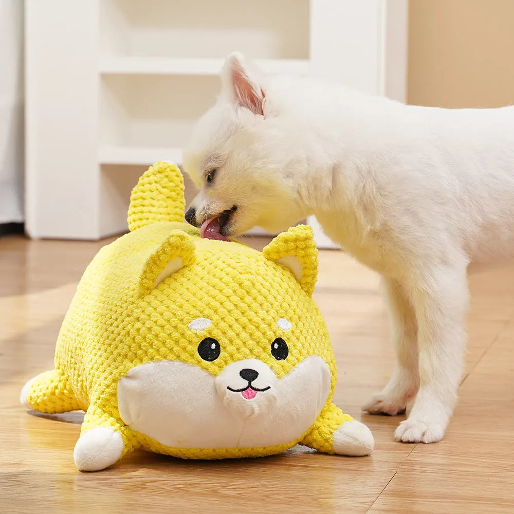 Plush dog calming toy with squeaker for puppy teething and dental care