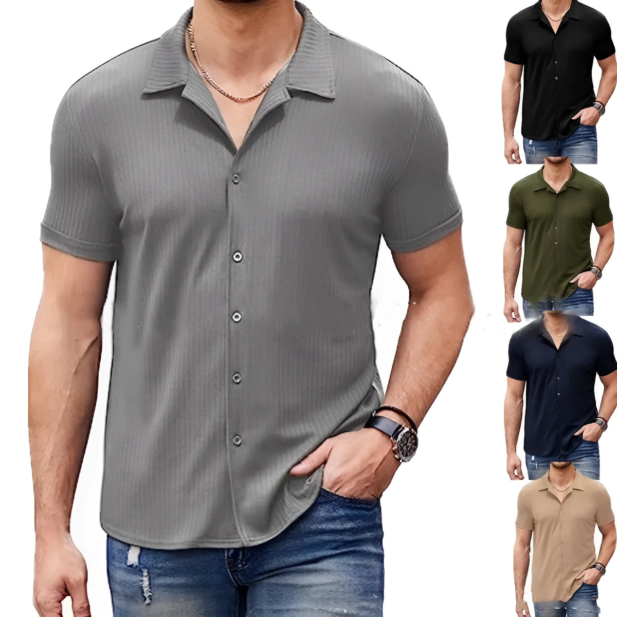 Men's casual collar short sleeve polo shirt in cotton blend with button front, available in multiple colours