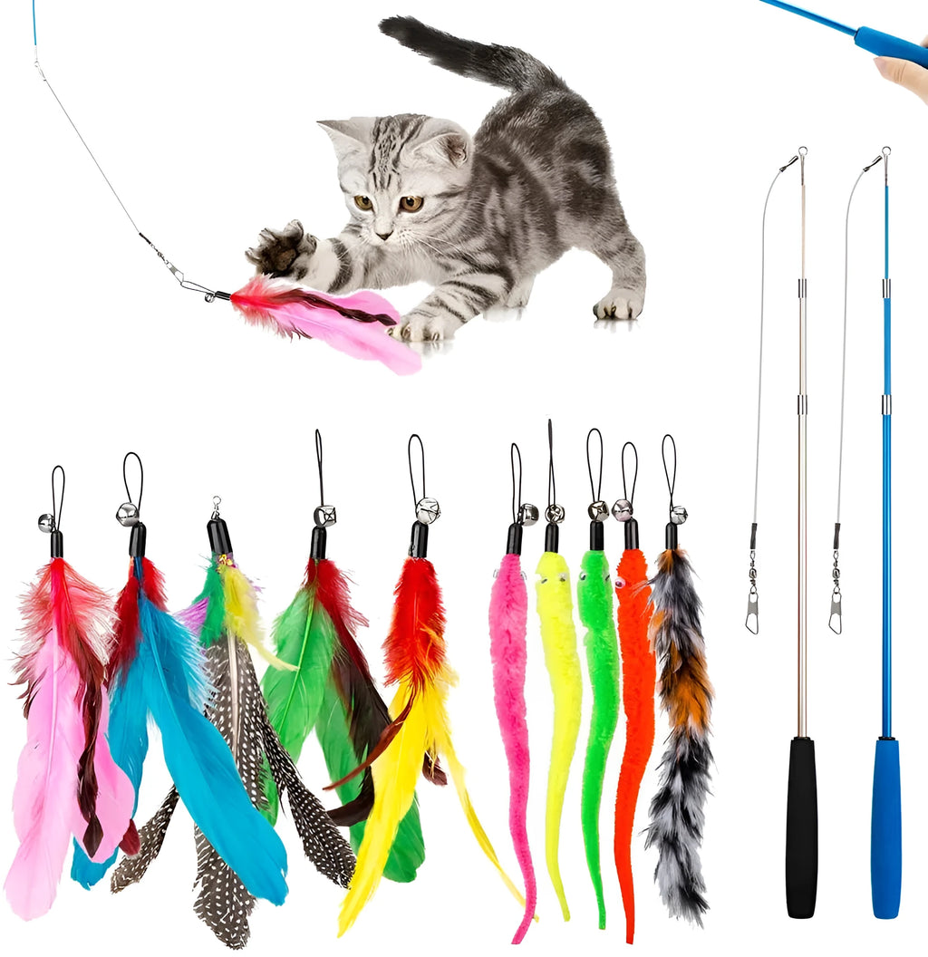 Three-section handheld cat teasing fishing rod toy with feather attachments