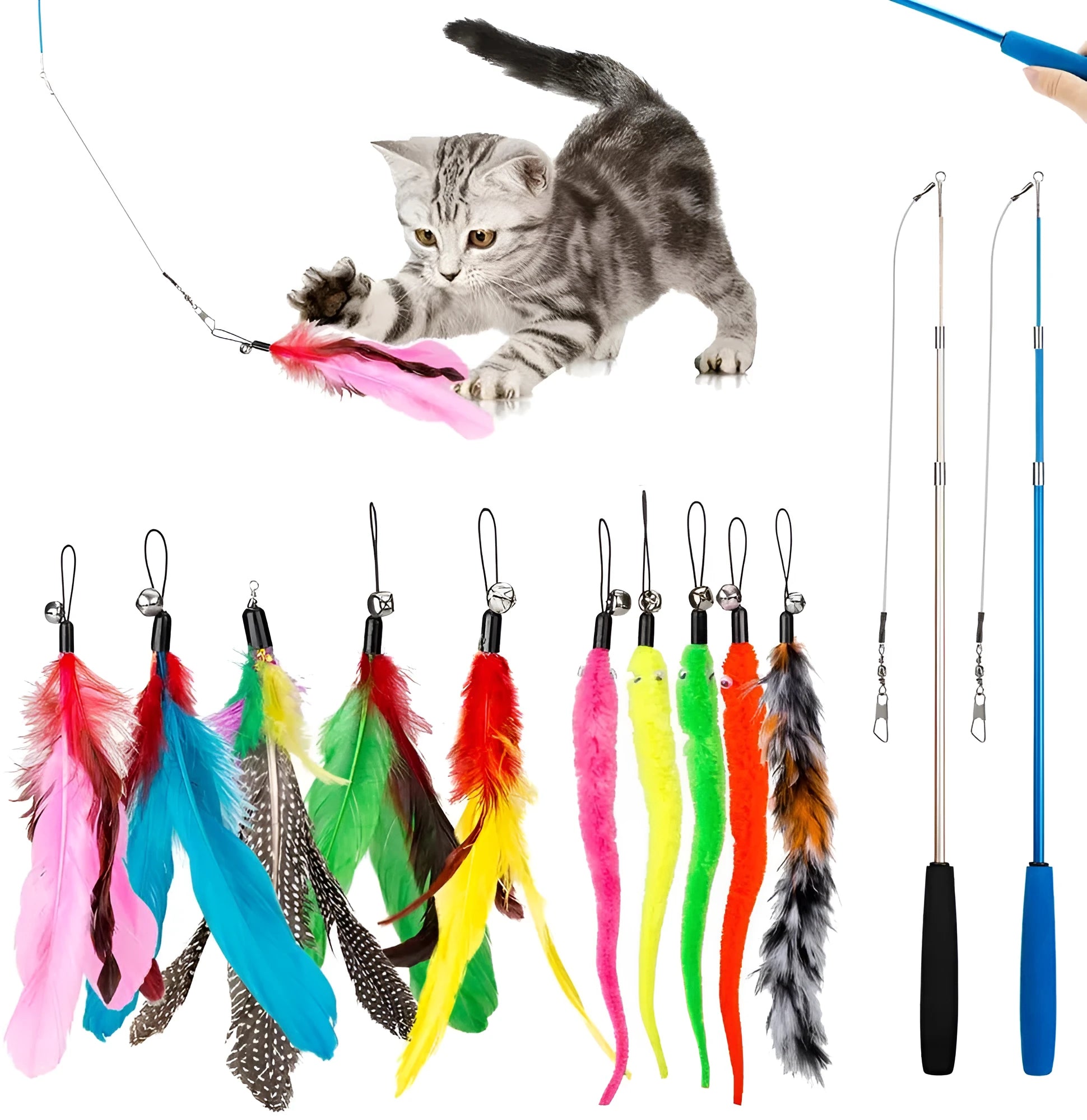 Three-section handheld cat teasing fishing rod toy with feather attachments