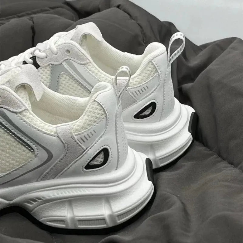 Beige mesh platform sports shoes with wedge sole and lace-up front