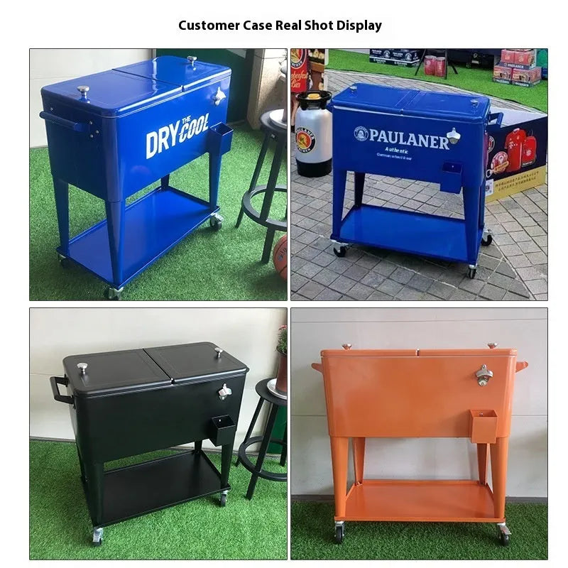 Red insulated metal trolley with wheels for outdoor food and drink transport