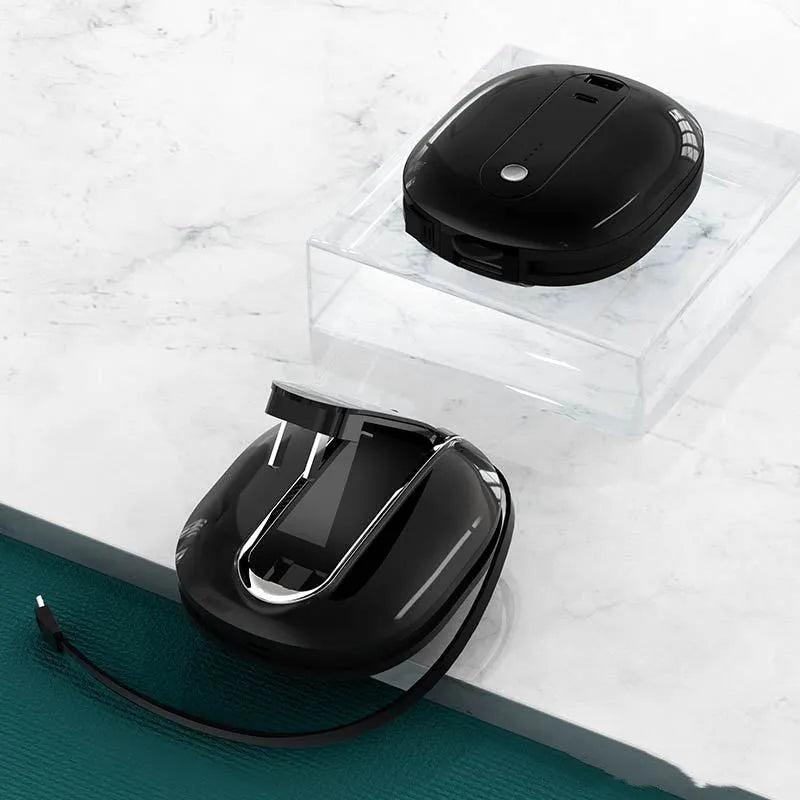 Two-in-one power bank with plug socket showing white aluminium shell and 10000mAh capacity