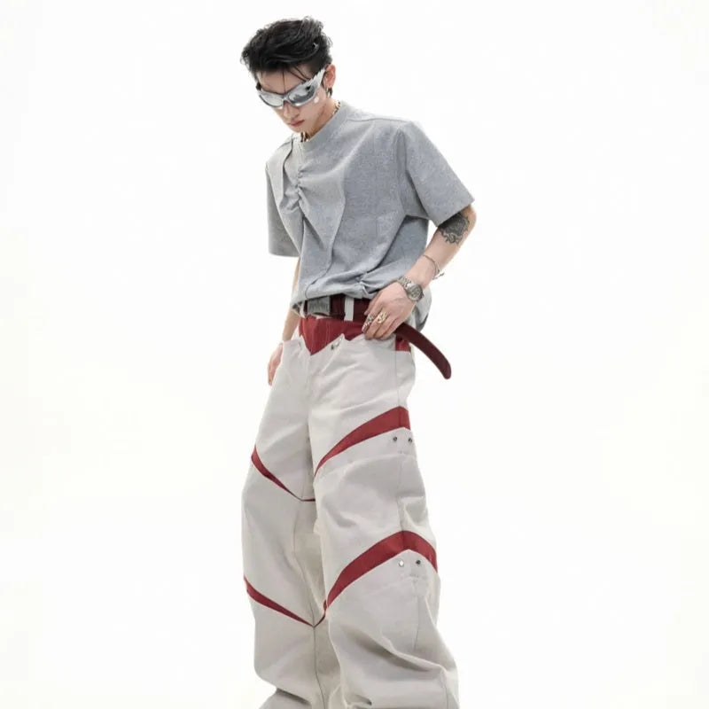 Men's cotton T-shirt with asymmetric stitching detail in solid colour and loose fit