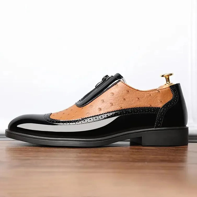 Men's black ostrich grain Chelsea shoe with pointed toe and zip fastening, size 39-47
