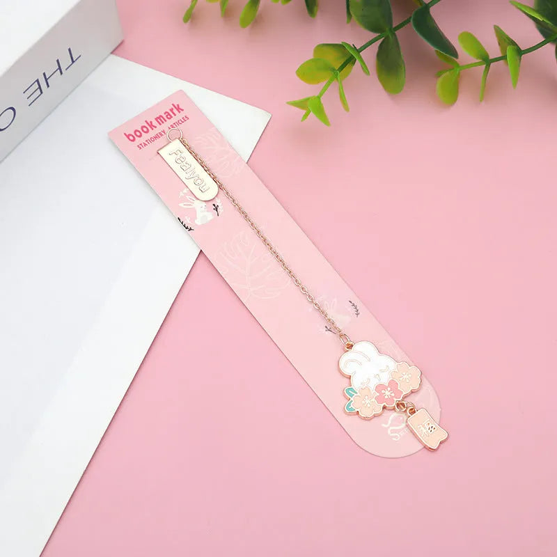 Metal pendant bookmark with cherry blossom cartoon cat design for books and journals