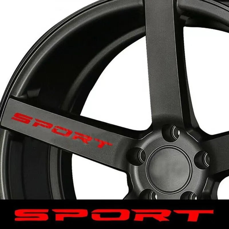 Four Car Personality Stretch SPORT decal stickers in sporty design, 13 cm long, black colour, on a car body panel