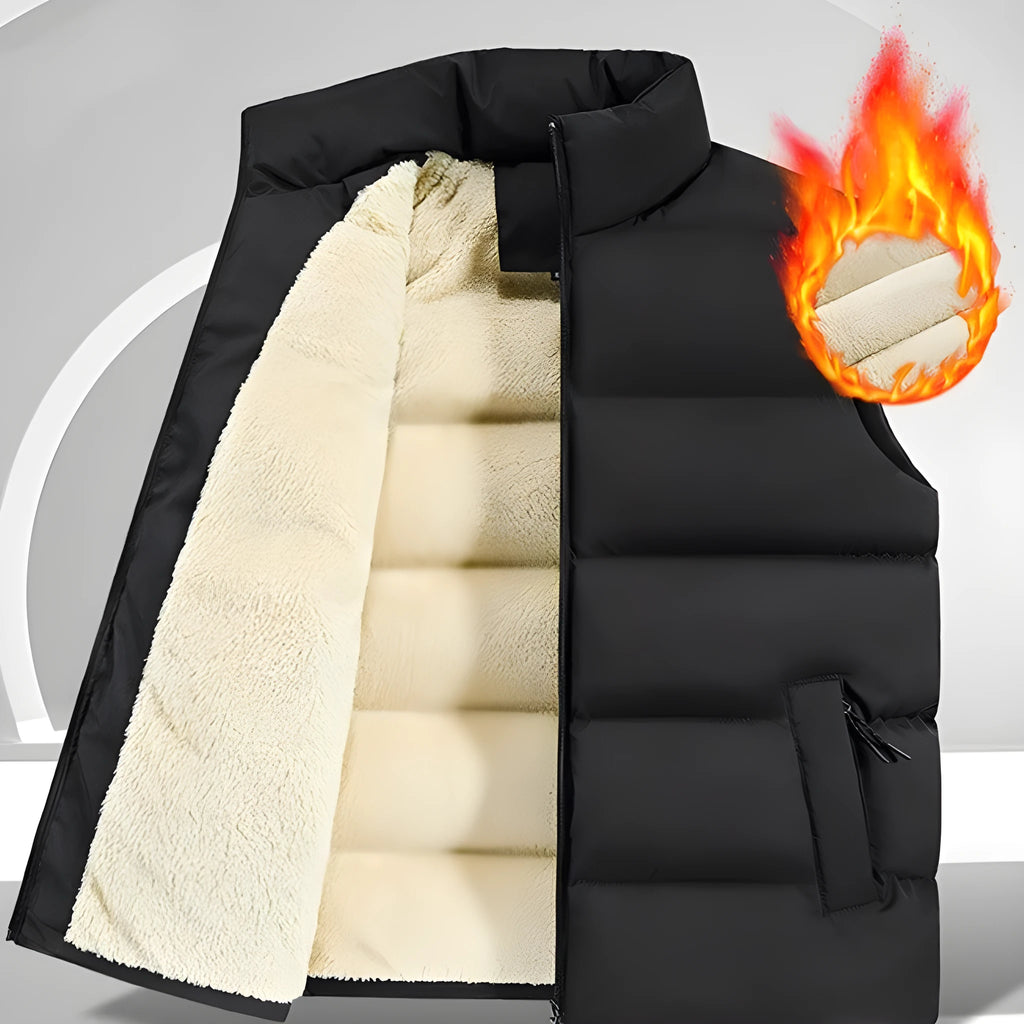 Men's striped lambswool vest in black, dark blue, or red, shown as a winter layering waistcoat.