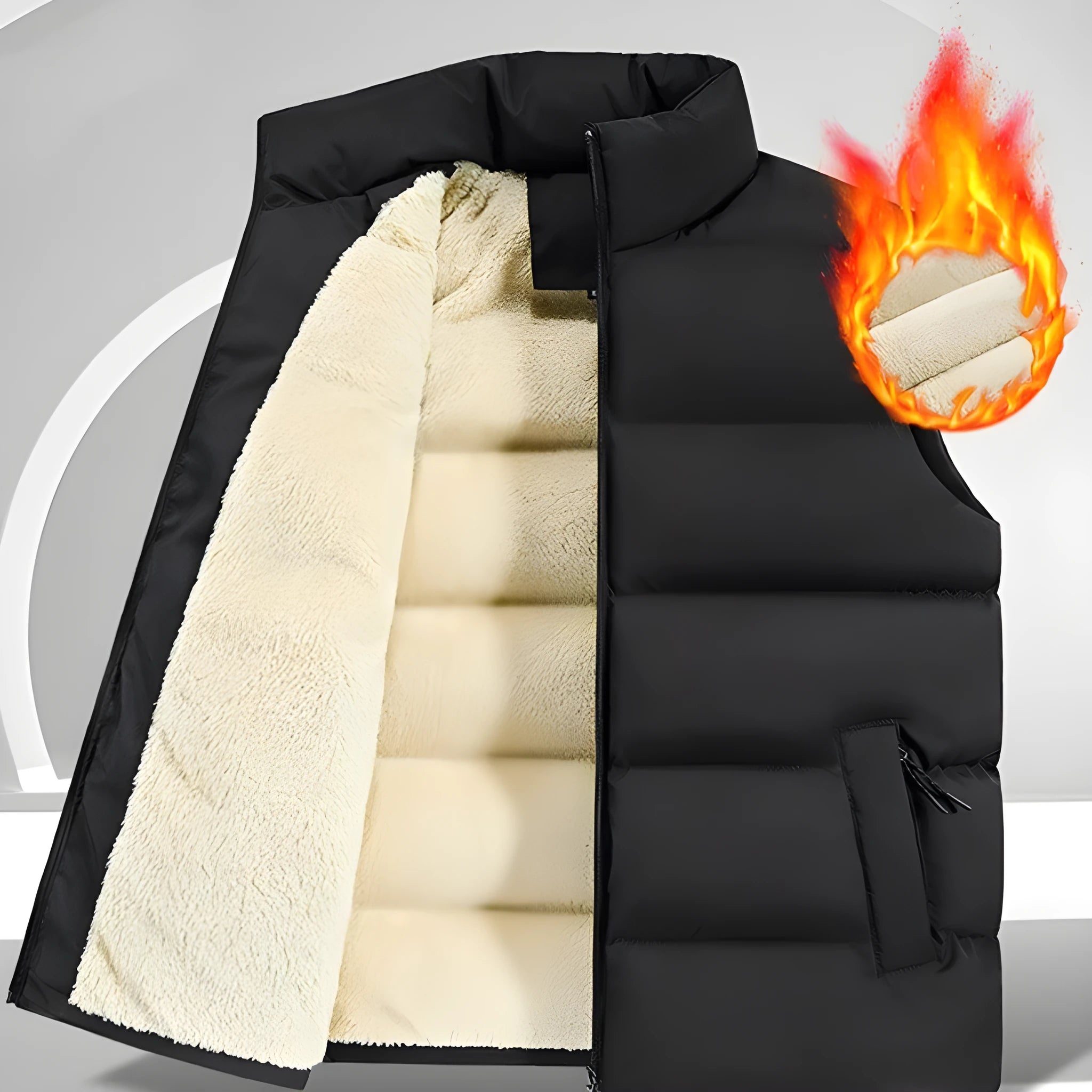 Men's striped lambswool vest in black, dark blue, or red, shown as a winter layering waistcoat.