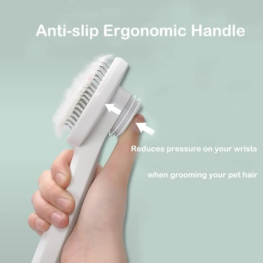Blue self-cleaning cat brush with rubber-tipped pins and a one-click button on the handle