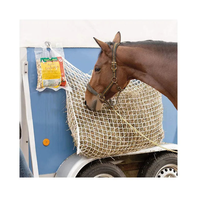 Woven grid horse hanging feeding bag in black or white with PE rope construction for cattle and sheep