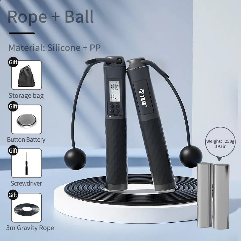 Cordless jumping rope with digital counter and gravity weight ball, black colour, adjustable length