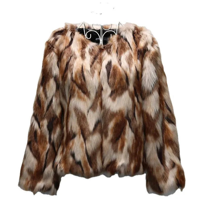 Korean slim-fit faux fur coat for women in picture colour, shown on model.