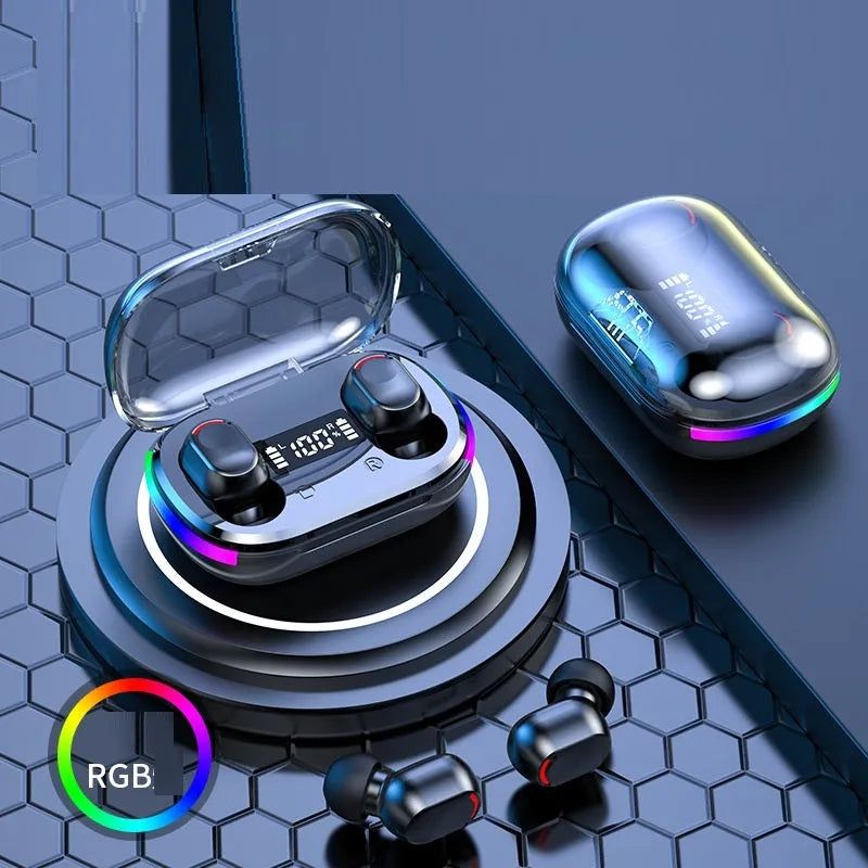 Wireless Bluetooth earbuds with charging case featuring touch controls and Bluetooth 5.3 technology