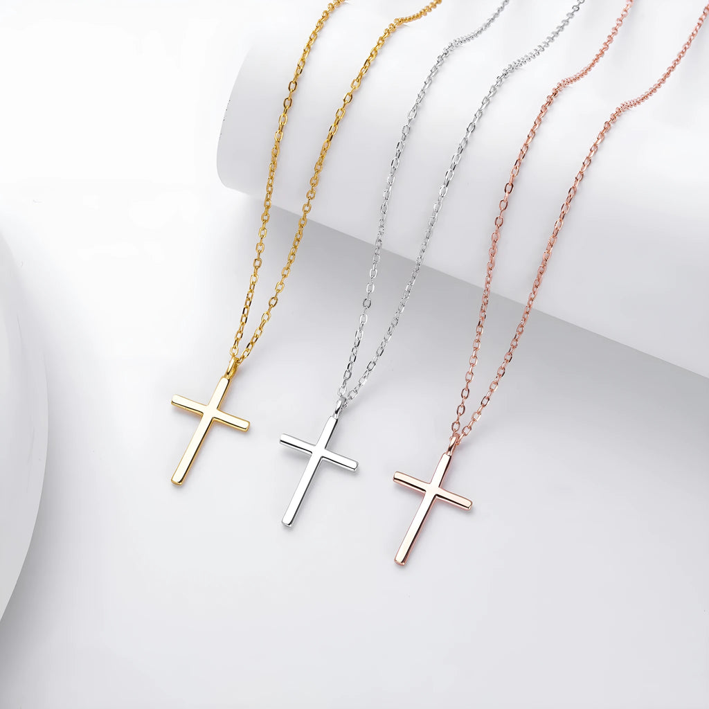 S925 sterling silver necklace with cross pendant on O-shaped chain in three plating colours