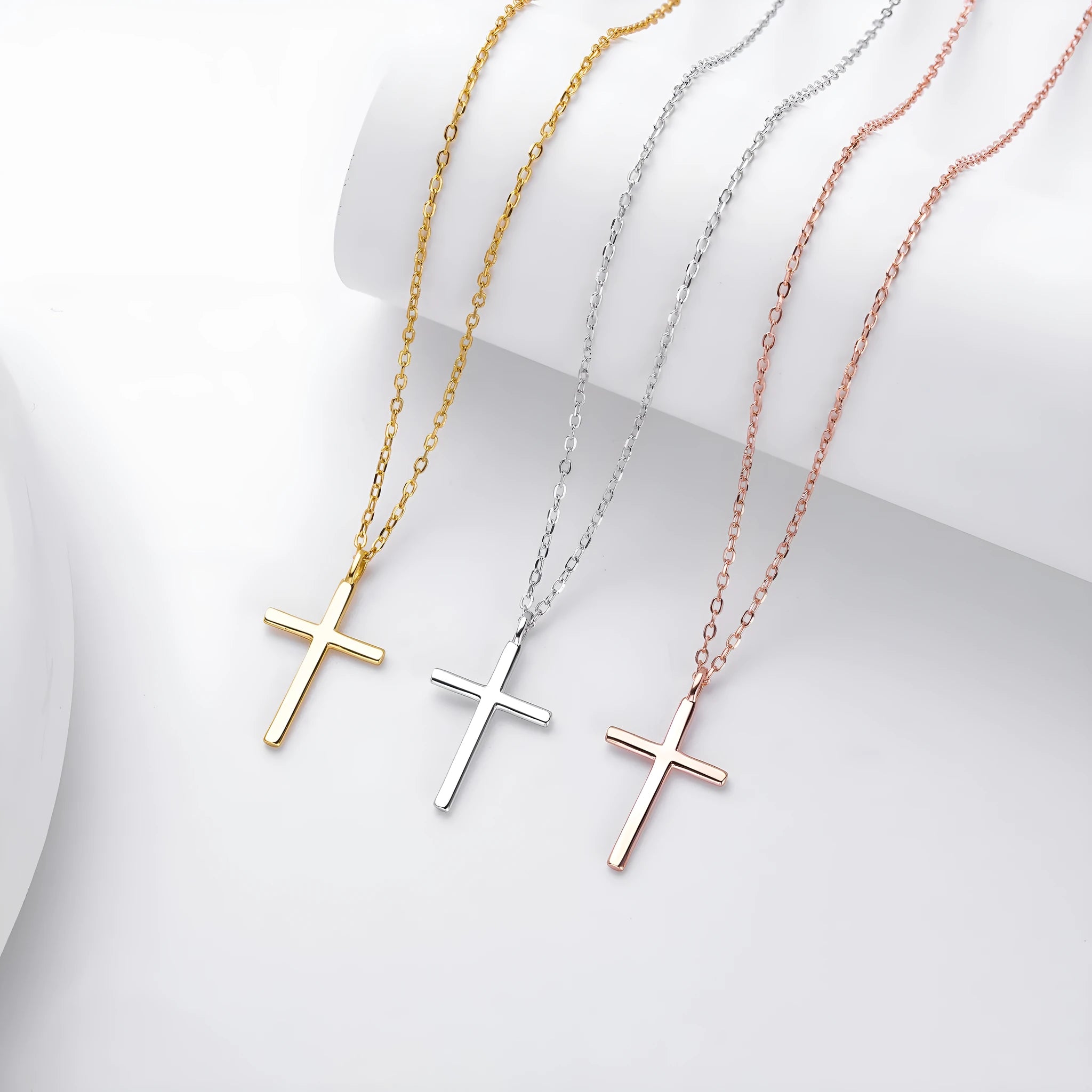 S925 sterling silver necklace with cross pendant on O-shaped chain in three plating colours